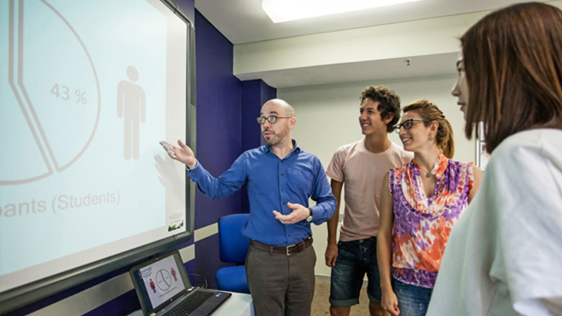 Kaplan-Sydney-Estudantes-conversando-com-o-professor